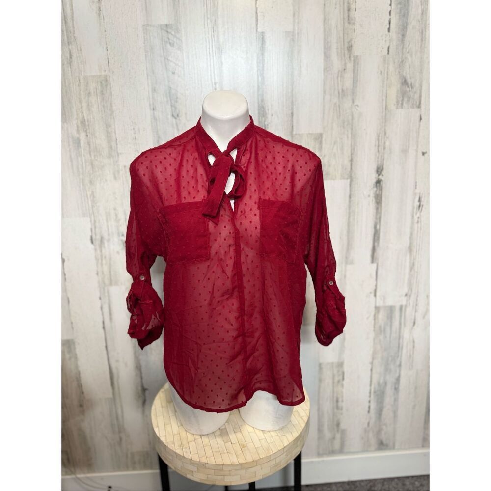 Abercrombie & Fitch Burgundy Swiss Dot Tie Neck Blouse Womens Extra Small XS She